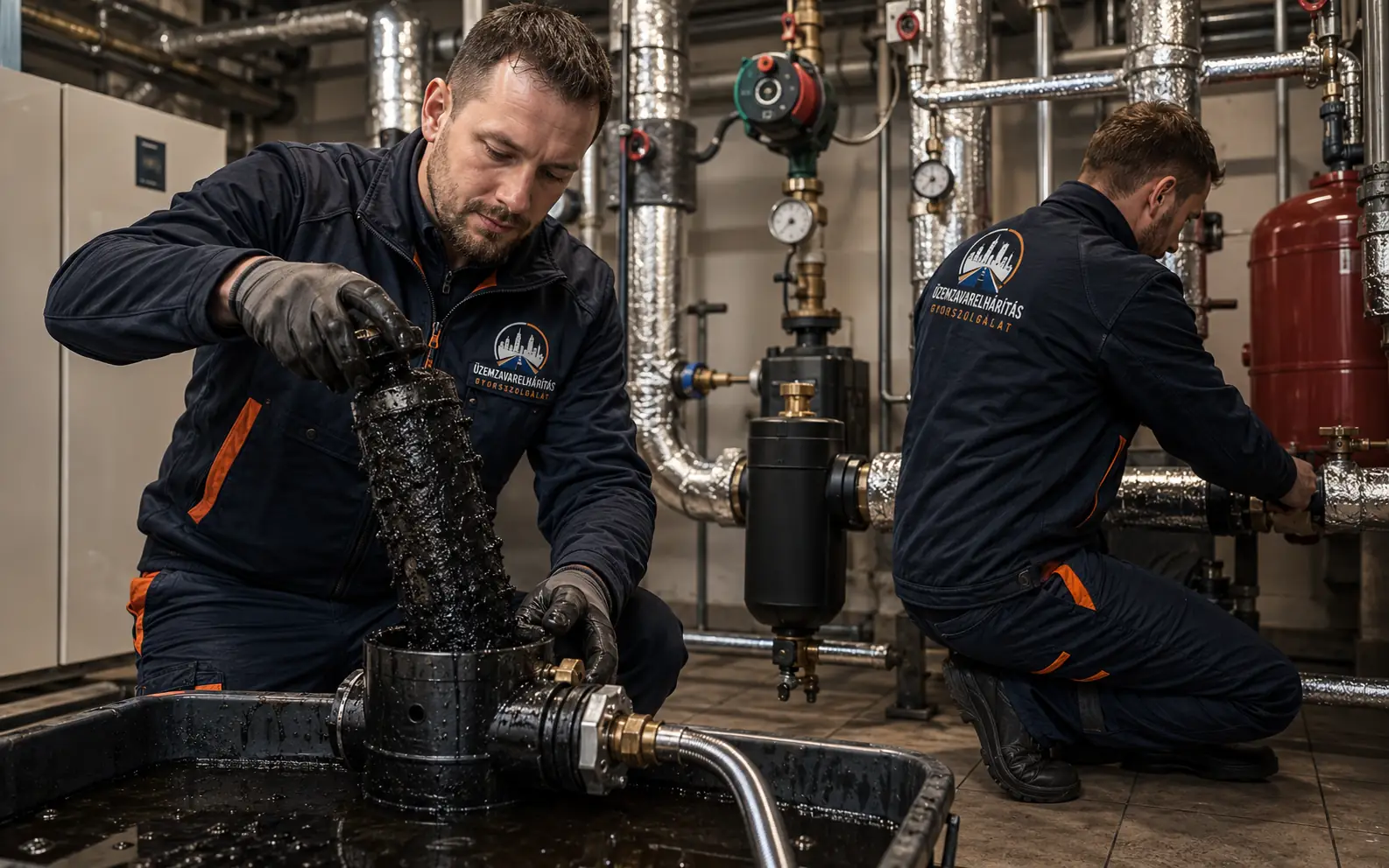 Fűtésrendszer iszaptalanítása során eltávolított fekete magnetit és fűtési szennyeződés szakemberrel