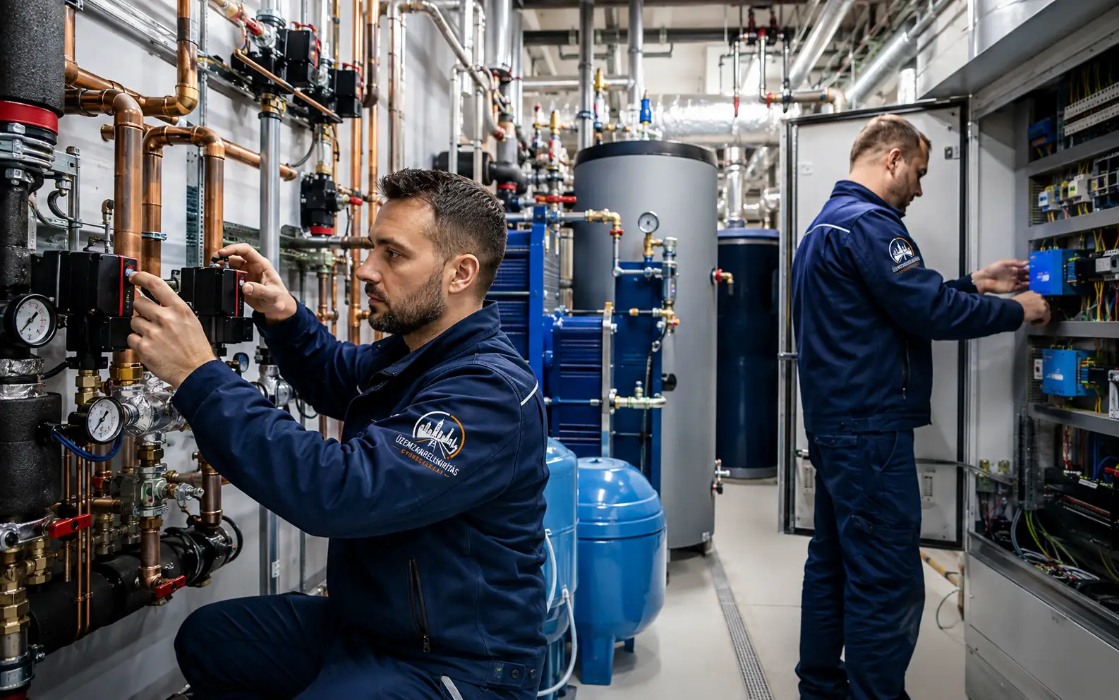 Gépházi hidraulikai körök, szivattyúk és automatika modernizációját bemutató műszaki jelenet