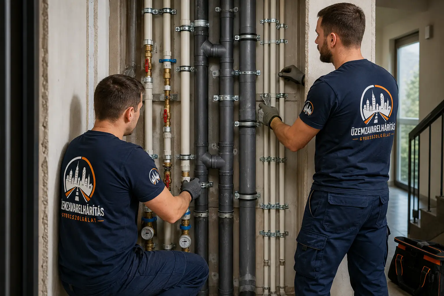 Új víz- és szennyvíz felszálló vezetékek társasházi gépészeti aknában történő szakszerű beépítését bemutató jelenet