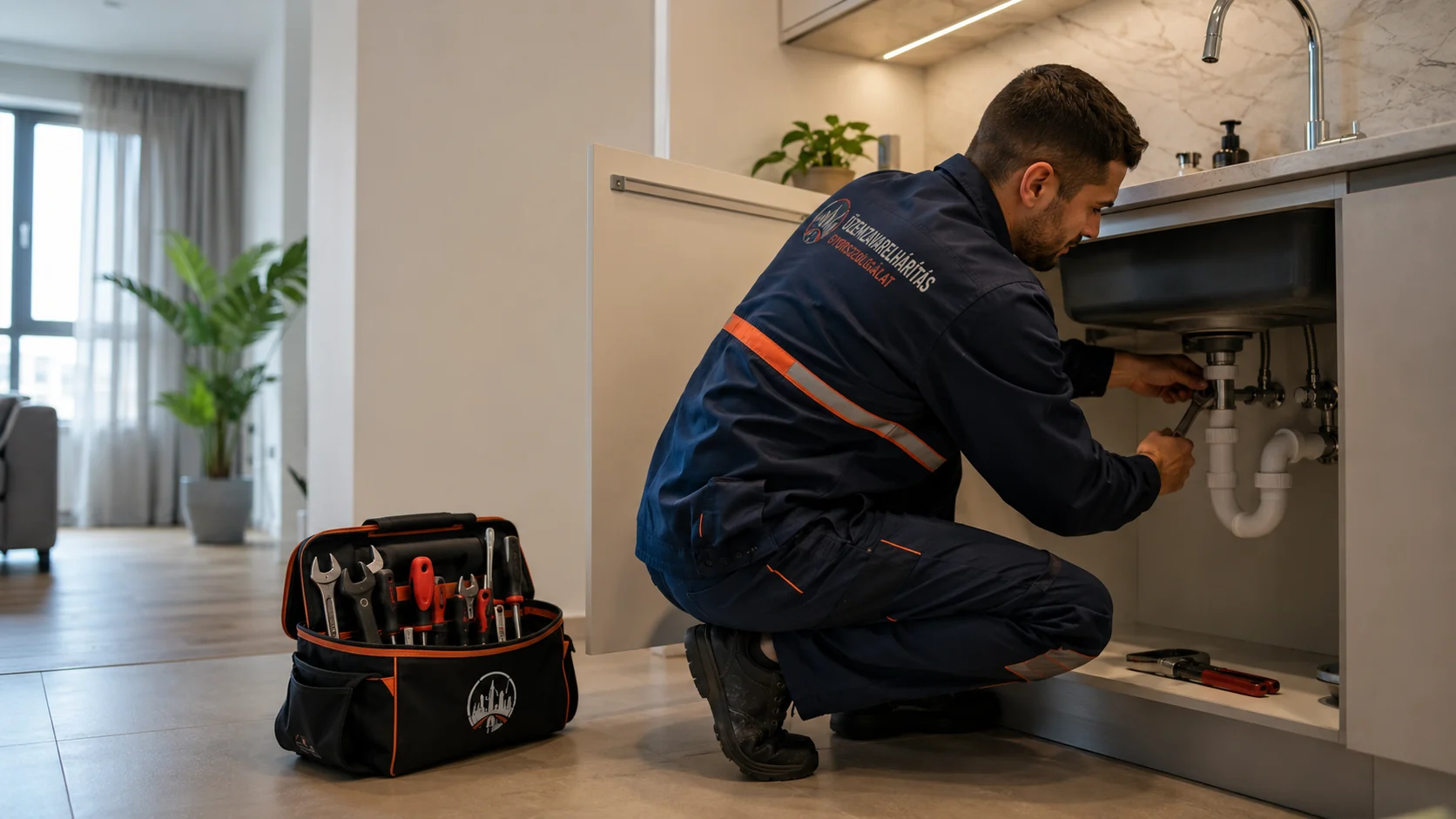 Vízszerelő szakember csöpögő csapot javít